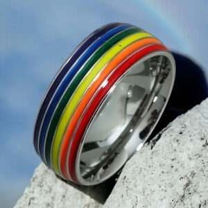 Colorful pride rainbow enamel band ring, LGBTQ+, in US sizes 7 8 9 10 11